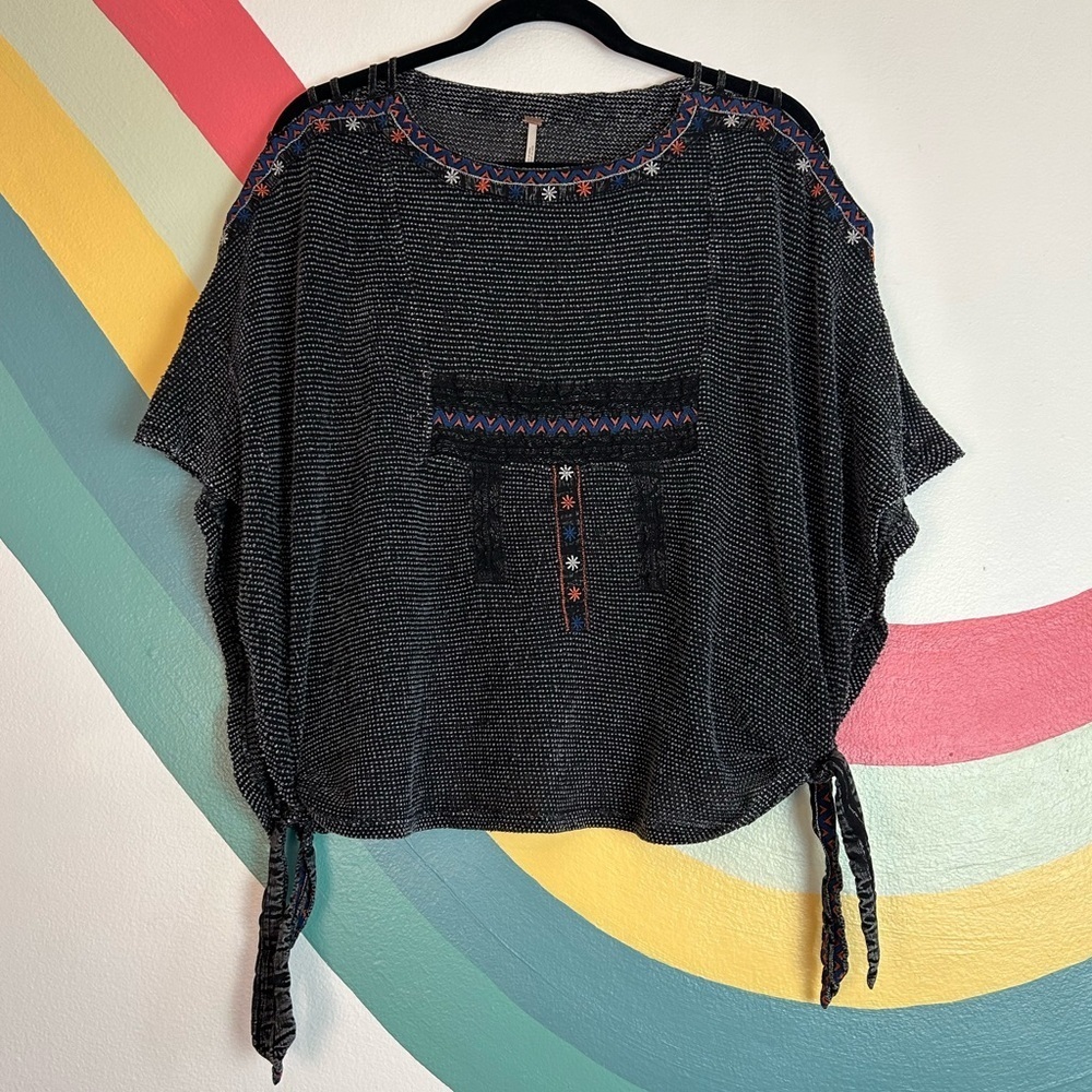 Free People Boho Charcoal Top Emboirdered Size XS